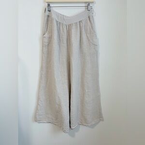 100% Linen Wide Leg Pants Crop Capri Stretchy Waistband Beach Spring Palazzo